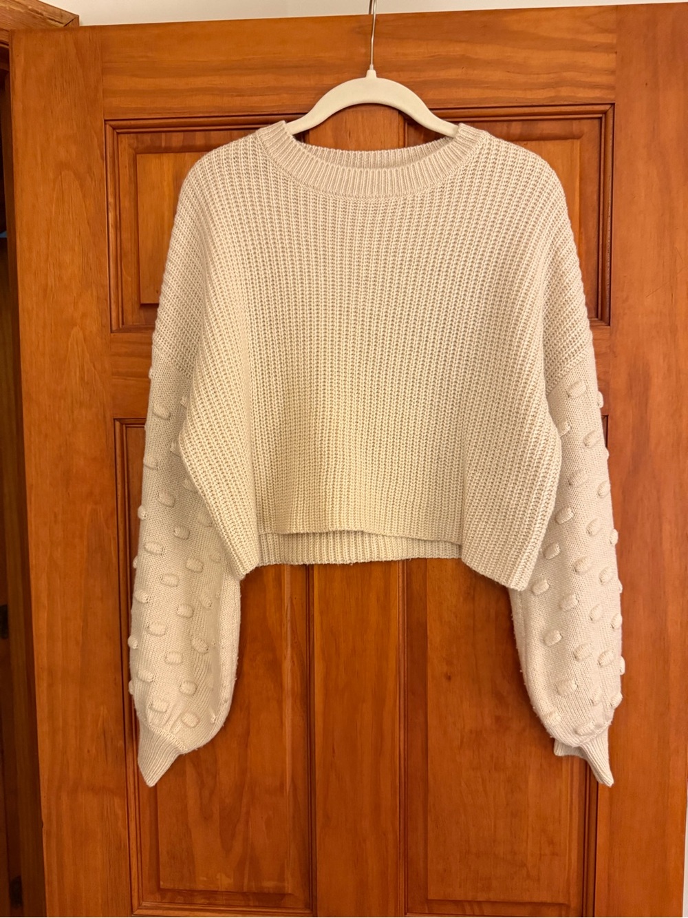 HYFVE Cream Cropped Crewneck Sweater with Bobble Sleeves